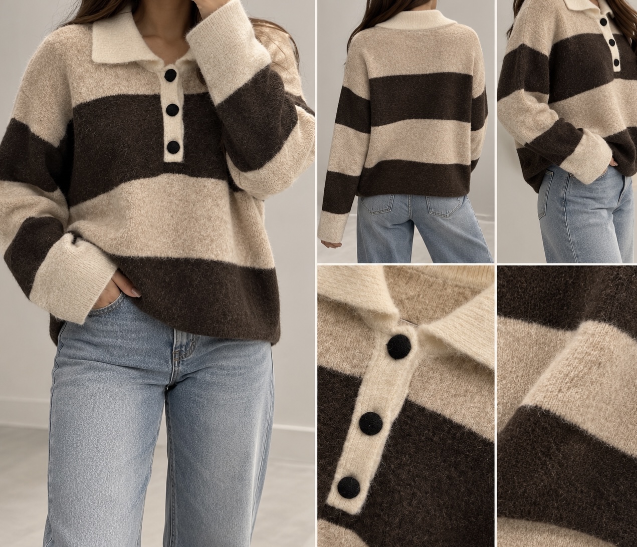 striped wool blouse with a collar. And buttons