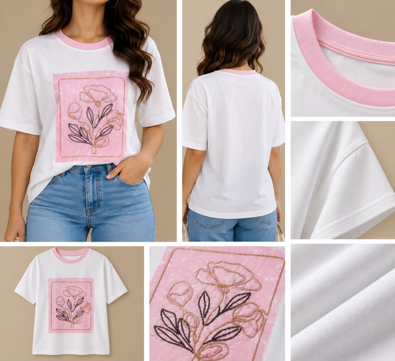 White T-shirt featuring a pink neckline