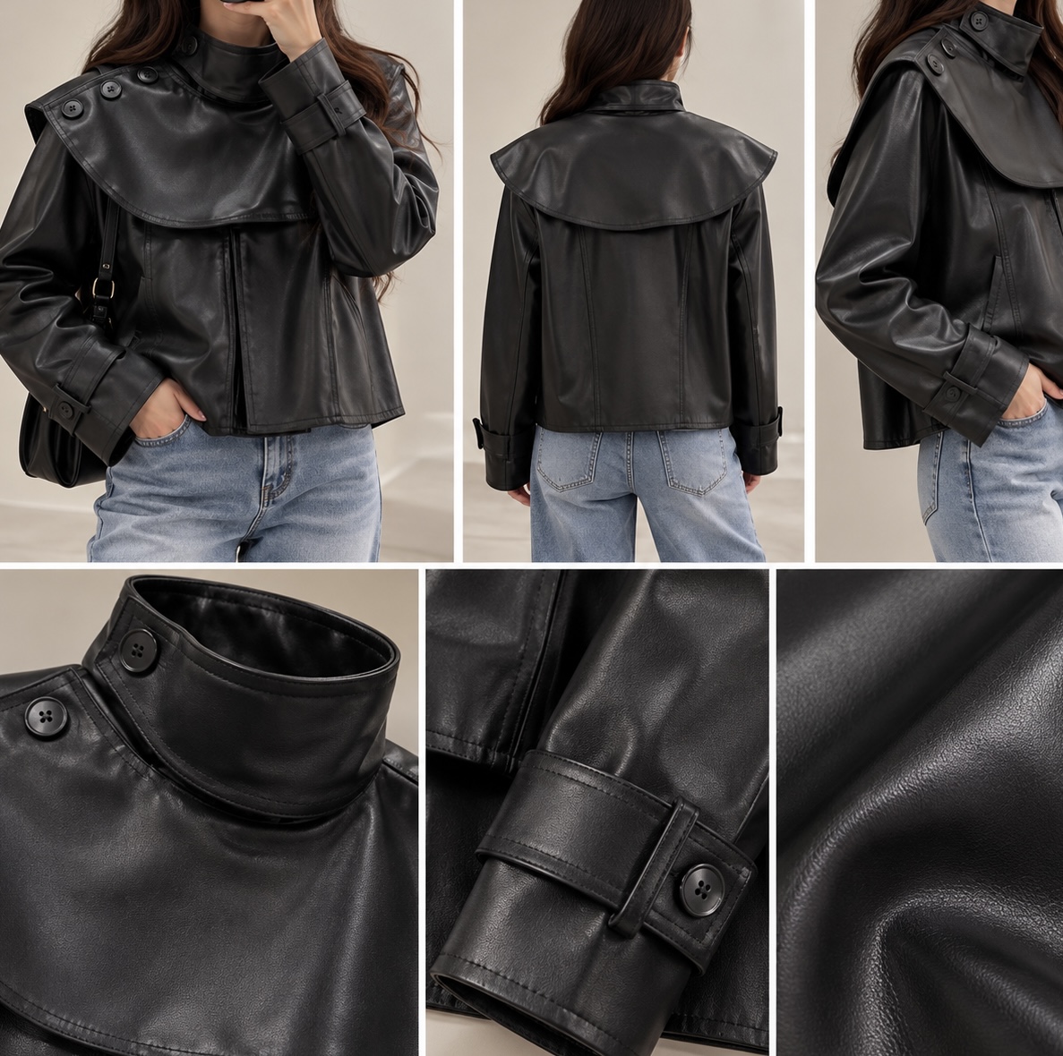 Black leather jacket with dome